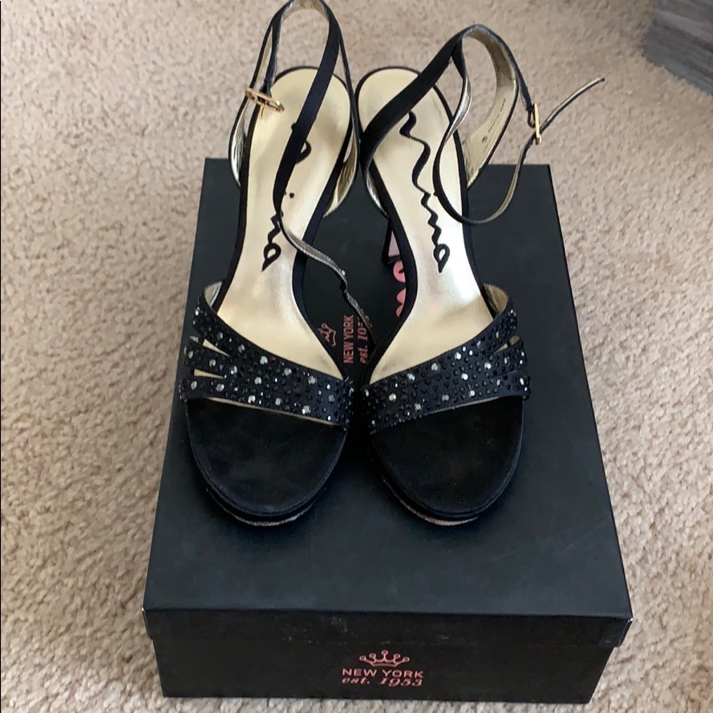 Black Nina rhinestone heels, 2 in.